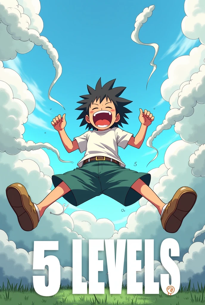 Create an anime-style scene featuring Demon Slayer Tanjiro，Presented in dynamic poses，This character should have a happy and exaggerated expression, They laughed with their mouths open, Legs raised，Open，Straight, Wearing clogs, Sitting in a relaxed posture，双腿Open，As if looking into the distance. There are strange white clouds and smoke around him, Add a bright sky and some clouds in the background，And add large text at the bottom，Contents "5 levels."