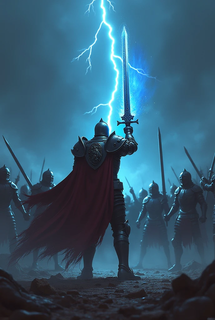 A scene depicting an epic battle in progress. A knight, battered and bloodied but resolute, stands alone against an approaching horde of dark, shadowy creatures. The knight’s armour is adorned with a lion emblem, and their sword is raised high, glowing with a bright blue flame. The sky is dark, with lightning striking in the background, and the ground is littered with the remnants of a fierce battle.