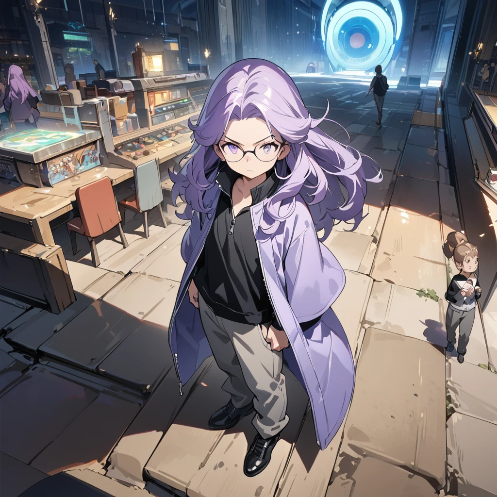 ((masterpiece)), ((an extremely delicate and beautiful)), (best quality), (best illustration), (best illumination), 1boy, lilac eyes, very young, Cute, holding pokemon, long hair, lilac hair, wearing glasses, serious, black shirt, lilac jacket, unzipped jacket, jacket like Cape, grey pants, black shoes, pokemon arena scenery, full body, puffy hair, detailed character, detailed eyes. 