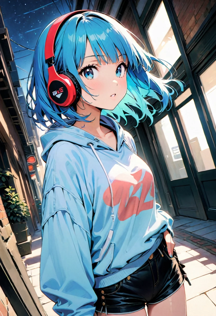 (最high quality:1.2, City Pop Style, Very detailed, up to date, vivid, High contrast, masterpiece:1.2, 最high quality, Best aesthetics), girl, ((Face Up Shot:1. 4)), Bobcut, pastel colour, 1980s wind, ((Retro, vintage, Plain background))((Amazingly absurd)), 超High resolution, Attention to detail, high quality, High resolution、 Highest quality, 4K, 8k、1人の可愛いgirl、Blue Hair、blue eyes、White tight hoodie、Red headphones、Black shorts、Night view、Starry Sky、Fisheye Lens