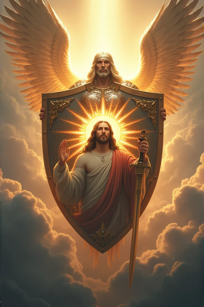 “Design a 200x200 shield with intricate details. The shield features Jesus at its center, depicted with a serene expression and a glowing aura. Surrounding Jesus is a powerful celestial warrior, armored with radiant, divine armor, holding a sword and shield. The celestial warrior should appear protective, standing guard over Jesus, with ethereal wings and an expression of strength and vigilance. The background of the shield should be celestial, with soft, glowing light and hints of heavenly clouds.”
This prompt should inspire the creation of a striking and meaningful image for your TikTok profile.