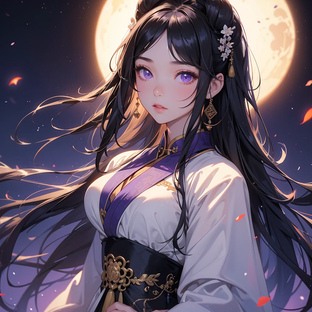 A beautiful girl with black long hair, wear white ancient chinese clothes, with the sun shining on her face.

Background is a dark moonless night, with dry trees in the background, and purple glowing light