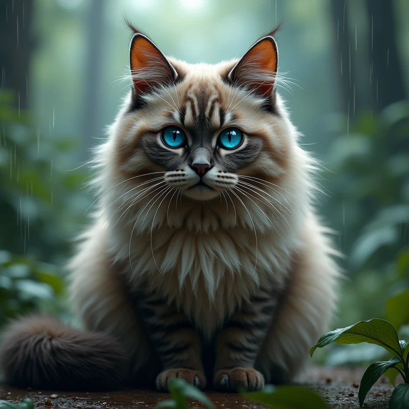 a realistic cat 4x zoom blue eys,big hairs body look ahead, background blur, green, in jungle, trees, raining, leafs, shows 2 legs, curl hairs crualy