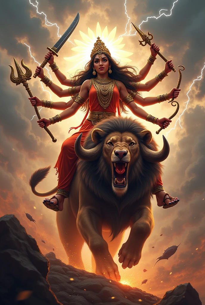 Durga Maa as Mahishasura Mardini: Goddess Durga in her fearsome form as Mahishasura Mardini, with ten arms holding various weapons. She rides a roaring lion, slaying the buffalo demon Mahishasura with her trident, while lightning strikes and storm clouds gather in the sky.