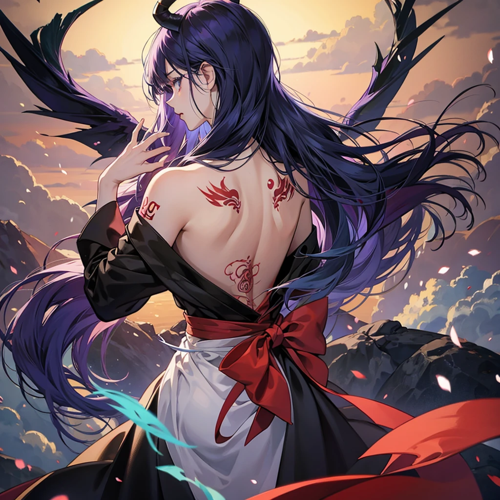 beautiful anime demon, tattoo, view from back