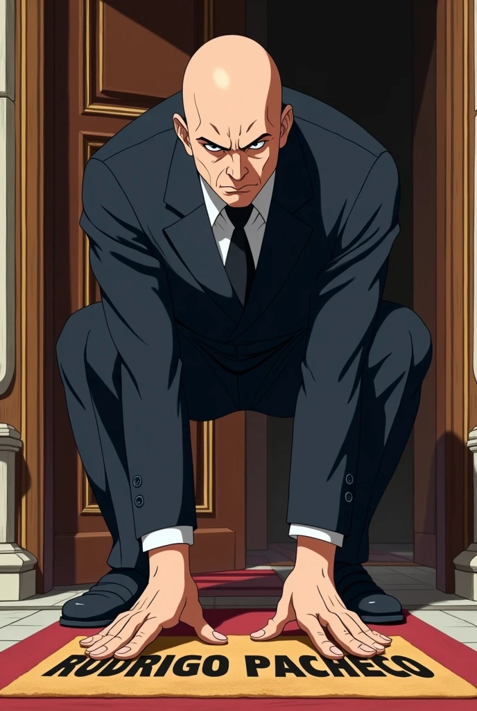 Anime of a bald dictator, wiping your feet on a doormat that says Rodrigo Pacheco