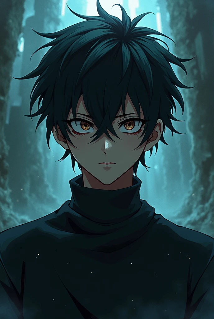 A guy who's in void and his mouth saying subscribe but don't add text of subscribe don't create full body just half body with face doing some action with good wallpaper create in anime manga sense and make it little bit evil type character