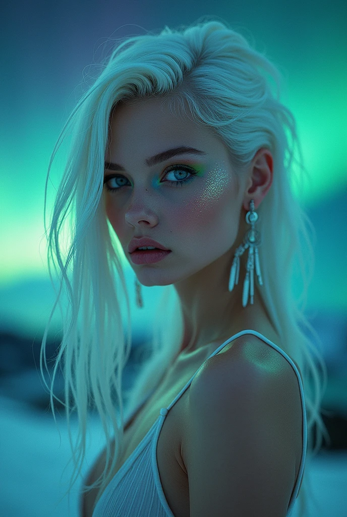 hyperrealistic image, phone camera, hd resolution, woman, exotic features, artistic makeup, conceptual pose, artistic expression, instagram photo style, woman, exotic, attractive eyes, intergalactic, natural lighting, night, aurora borealis, extraterrestrial, exotic makeup, shine makeup, shine skin, colored eyeshadow, exotic pose, half body angle, white hair, subtle colored highlights,alien vibe, full body image, subtle alien characteristics, little clothing, latex clothing, white clothing, second skin clothing, tight clothing, hands positioned like a model's, shiny body, alien, long hair,very straight hair, flying hairz strange woman, eyes apart, big eyes