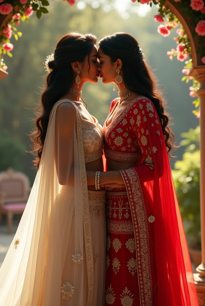 Gorgeous indian lesbian women lip kiss in traditional white and red dressed 