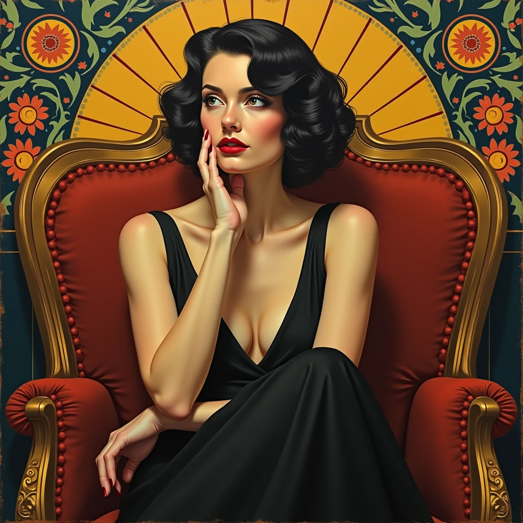Painting of a woman sitting in a chair with her hand on her chin, Directed by: André Lhote, art deco portrait, Directed by: Martiros Saryan, art deco painting, Directed by: Jean Metzinger, Otto Schmidt, inspired by André Lhote, Uma pintura Art Deco, estilo de pintura fortunato depero, Enoque Bolles, inspirado em Leon Kroll