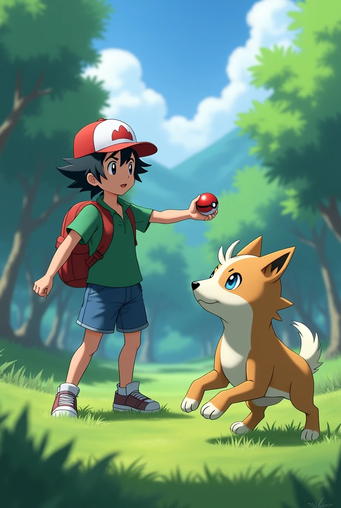 Ash Ketchum with the pokeball capturing a dog