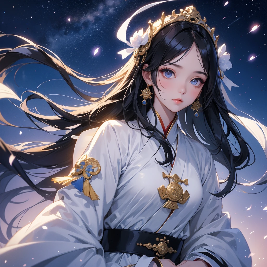 A beautiful girl with black long hair, wear white ancient chinese clothes, with the sun shining on her face.

Background is a dark night, with moonlight and millions of stars, twinkling everywhere, with blue light