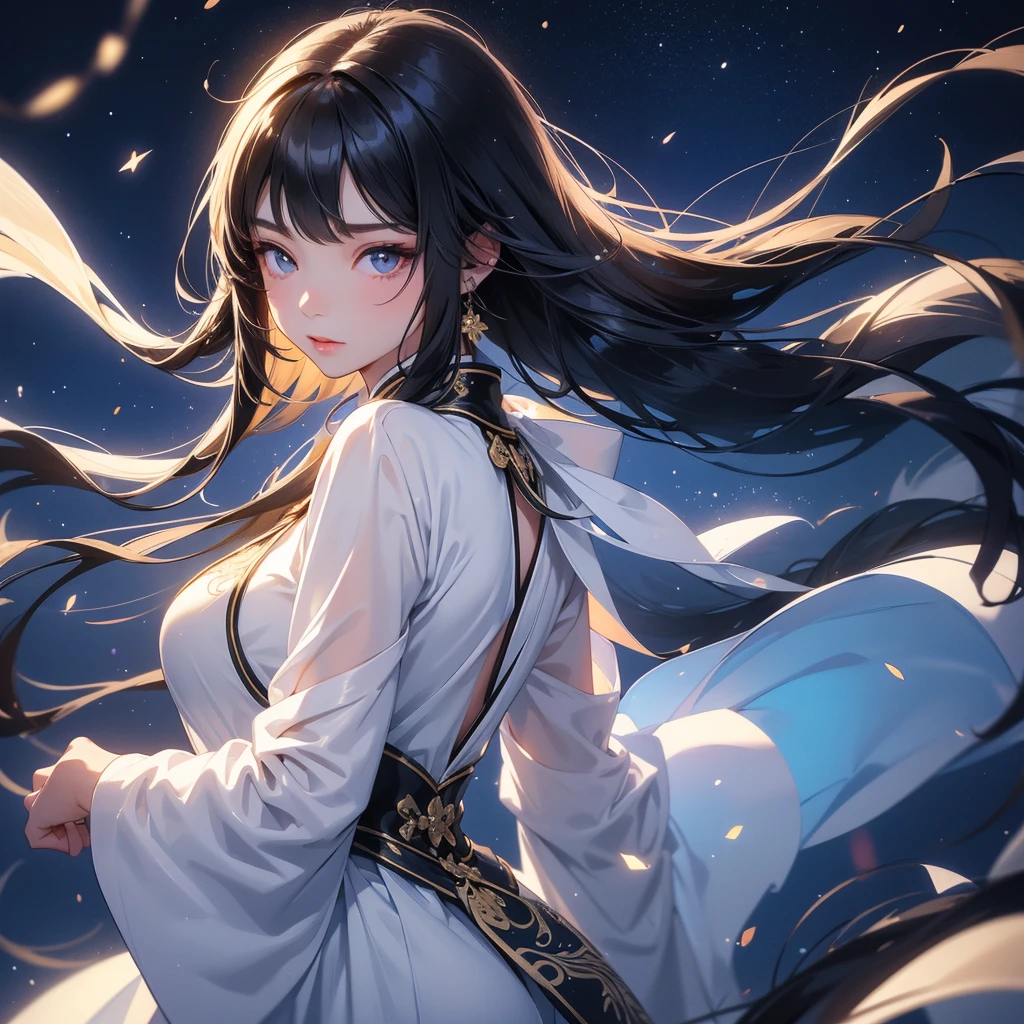 A beautiful girl with black long hair, wear white ancient chinese clothes, with the sun shining on her face.
Background is a dark night, with moonlight and millions of stars, twinkling everywhere, with blue light