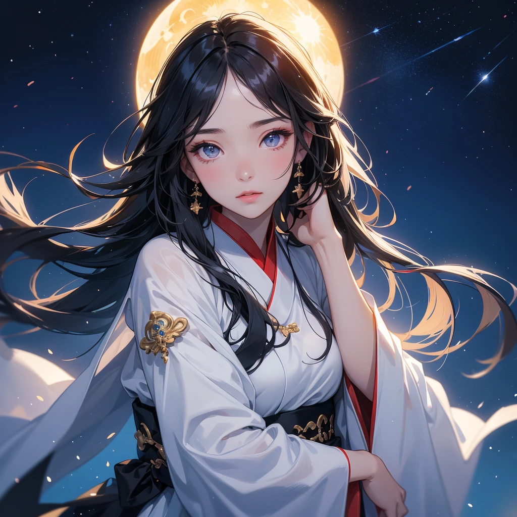 A beautiful girl with black long hair, wear white ancient chinese clothes, with the sun shining on her face.
Background is a dark night, with moonlight and millions of stars, twinkling everywhere, with blue light