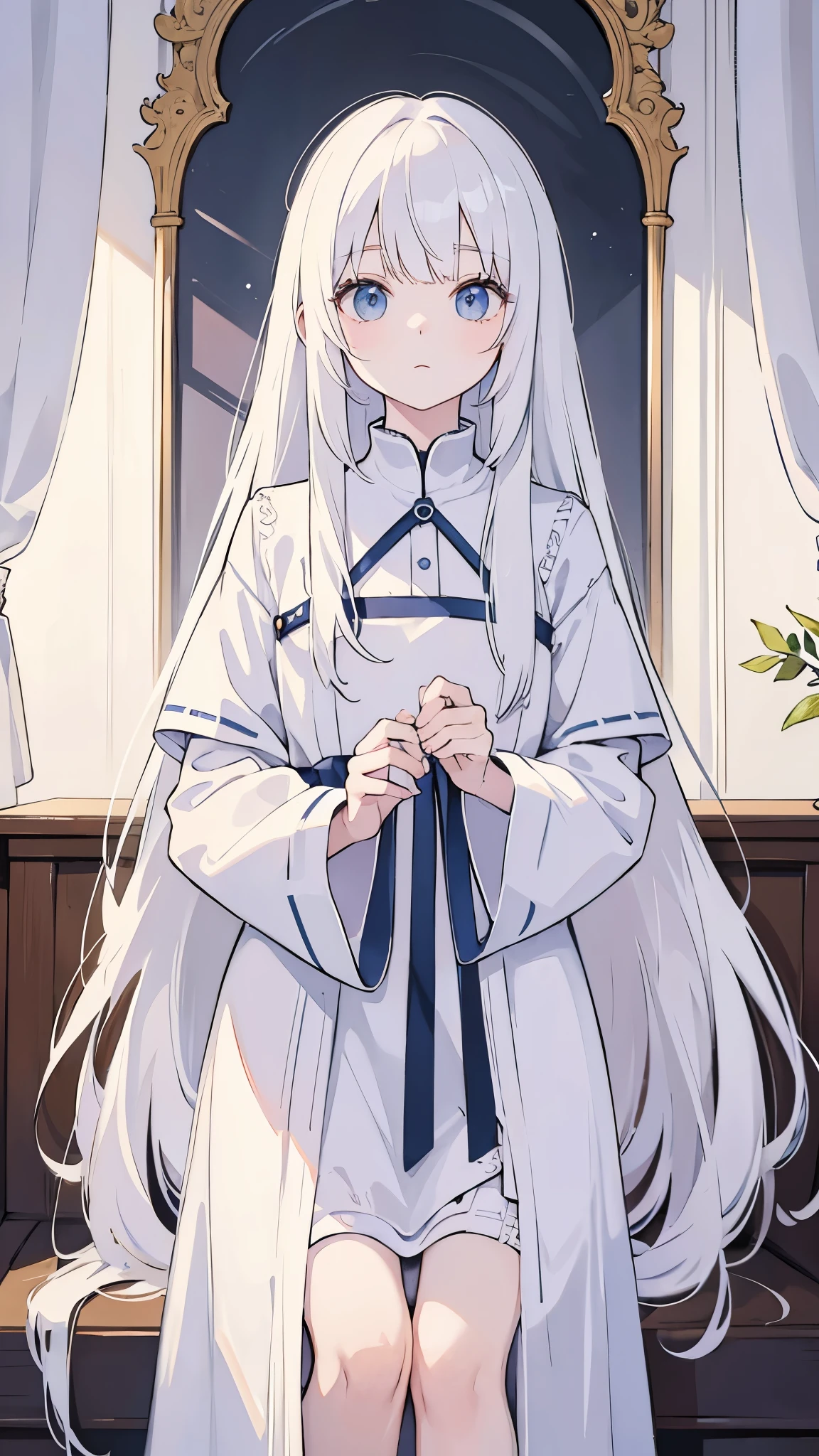 (masterpiece，Highest quality，solo，Long white hair，I&#39;m watching you，With bangs，Minimalist Background，Long sleeves，White Dress，Covering eye hair，Bright Blue Eyes，Shut your mouth.，Monochrome，Upper body，Pastel Pink Dress，Baby pink hair，Frills，Puff sleeves，，Put your hands behind your back，Pink Background)
