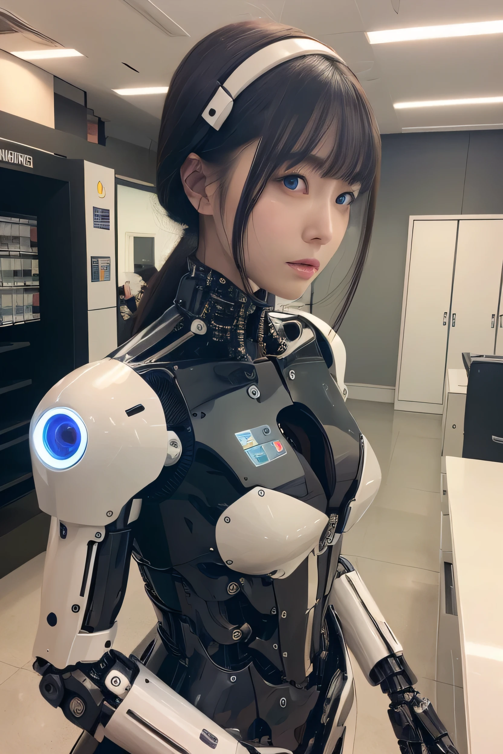 masterpiece, best quality, extremely detailed, Japaese android girl,Plump , control panels,android,Droid,Mechanical Hand, Robot arms and legs, Black Robot Parts,Black hair,Mechanical body,Blunt bangs,White robotics parts,perfect robot girl,future information counter,reception,long tube,thick cable connected her neck,ceramic body ,mechanical body,mechanical costume,android,robot,humanoid,cyborg,information office,japanese android receptionist ,mechanical chest,blue eyes,office-lady