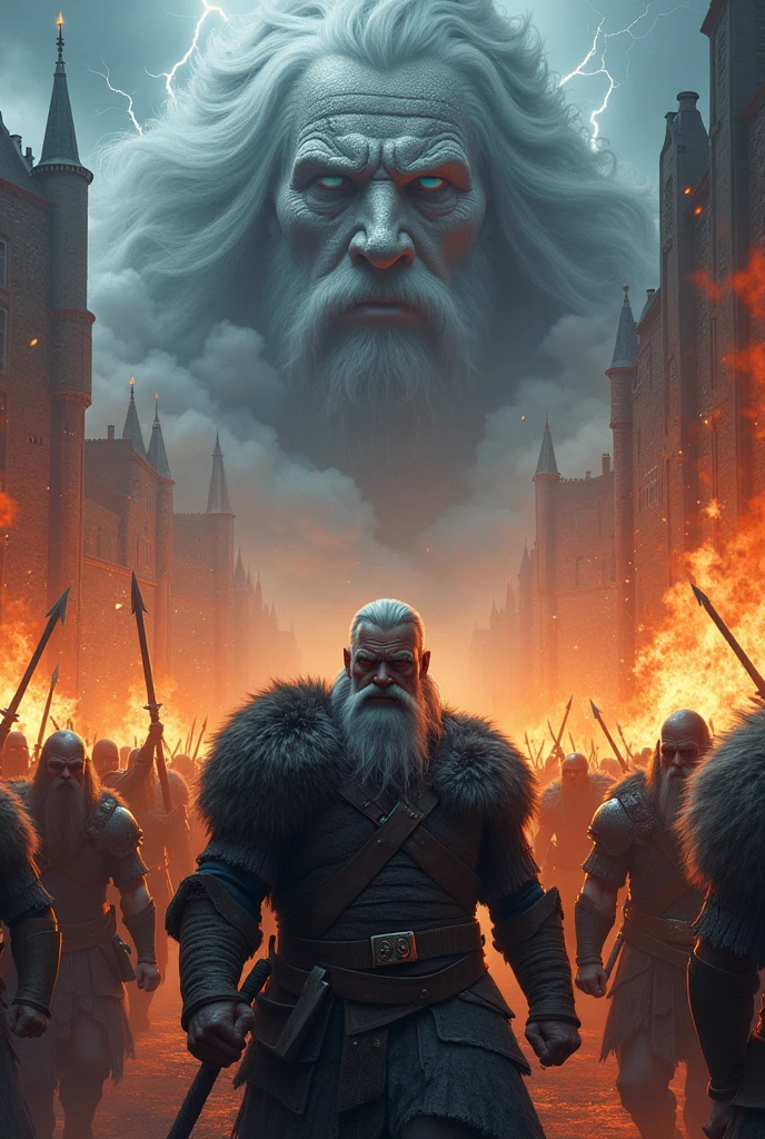 burning castle, natta, viking warriors fighting fiercely, lightning, face of a God gray hair and beard with scar the eye appearing in the clouds