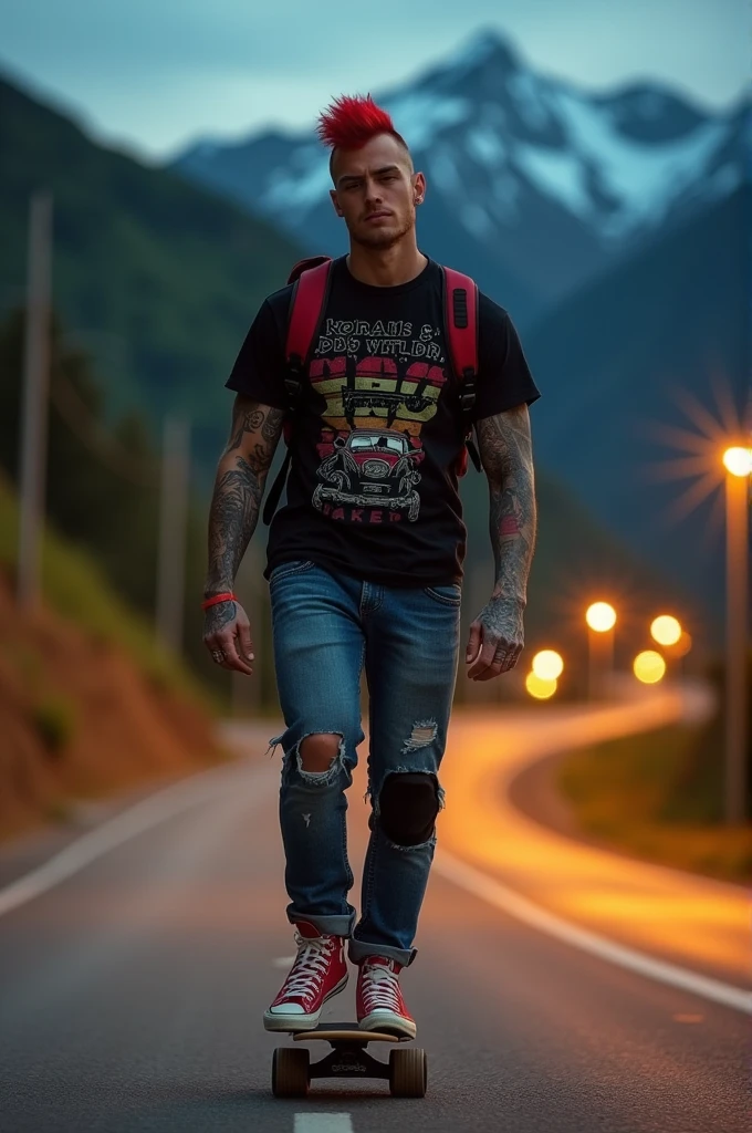 a fat young handsome Punk skateboarding with red mohawk and upturned jacket covered in tattoos on his arms,he is bodys is fat with a cool pose, confidently riding a skateboard down a winding mountain road ferry fasted and showing a free style, framed by the night golden light of the street. He is wearing a black t-shirt with a vintage VAN logo on his chest and a bag on his back, and denims jeans and use red converse shoes. The man look at the camera, his hands protected by black gloves, adding a personal touch to the thrilling scene. He also wears knee and elbow pads, ensuring safety as he navigates the turns with ease. The background is midnight lanscape features rolling green hills and snow-capped mountains in the distance, creating a stunning contrast to the rider’s dynamic movements, amplifying the excitement. In the distance. The image exudes the thrill of downhill skateboarding, the beauty of the natural scenery, and the fearless energy of the rider, with an Instagram-worthy night atmosphere.