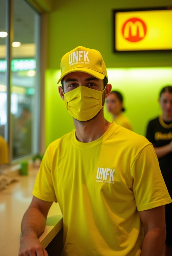 A McDonald's themed restaurant but restaurant name is UNFK with employees wearing an UNFK Face Cap, UNFK t-shirt, Lemon green interiors
