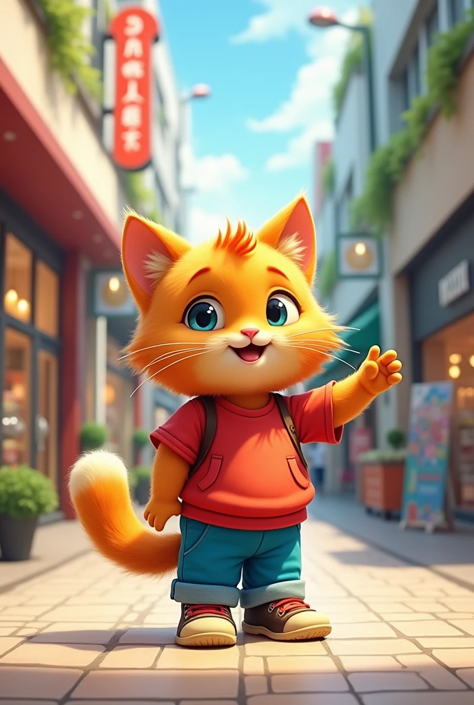 A small orange cat wearing a red shirt and blue pants points to a phone shop in a shopping mall.