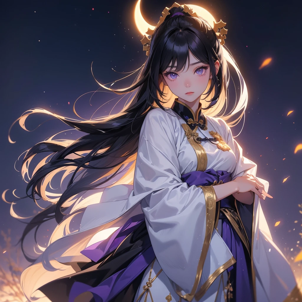 A beautiful girl with black long hair, wear white ancient chinese clothes, with the sun shining on her face.

Background is a dark moonless night, with dry trees in the background, and purple glowing light