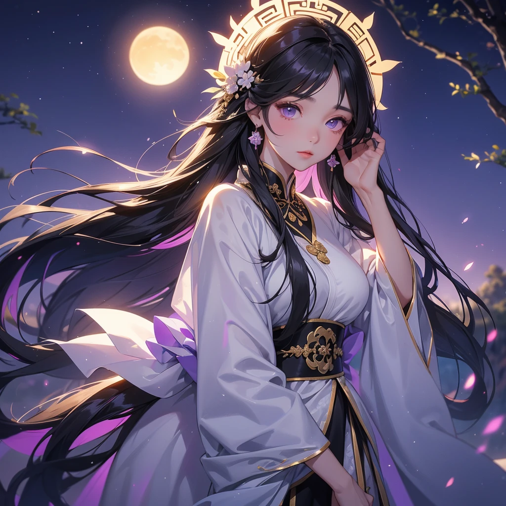 A beautiful girl with black long hair, wear white ancient chinese clothes, with the sun shining on her face.
Background is a dark moonless night, with dry trees in the background, and purple glowing light