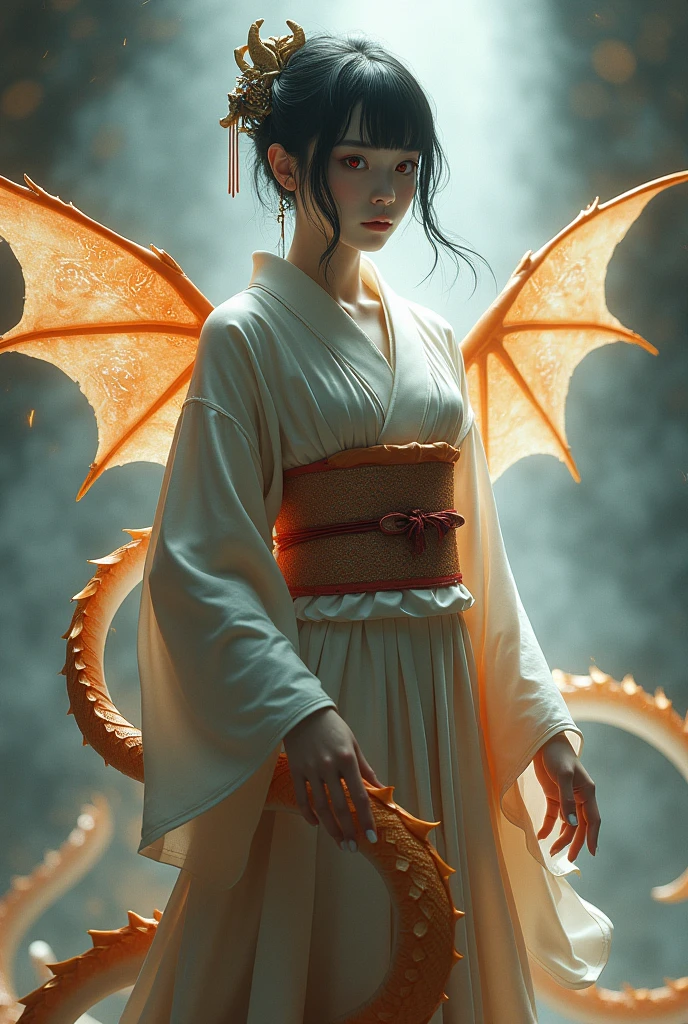 (best quality), (masterpiece), (Ultra-high resolution), (Clear face), (Reality: 1.4), (perfect lighting),(photorealistic:1.30), anime wallpaper, Guviz style artwork , fantasy cover up to magic , by Yang J, Guviz, beautiful artwork illustration, beautiful digital artwork, beautiful digital illustration, Li Song, beautiful anime portrait, art style at Beauvot,illustration, ethereal and beautiful, highly detailed, CG, unity, 8k wallpaper, Amazing, fine detail, official art, highly detailed CG unity 8k wallpaper,absurd, extremely absurd, large file size, highly detailed , high resolution, very detailed,beautiful girl with details, very detailed eyes and face, beautiful detailed eyes,light on the face,cinematic lighting, 1girl, solo, black hair, red eyes, short kimono, Dragon Wings, standing, full body, realistic girl, Dragon tail,
