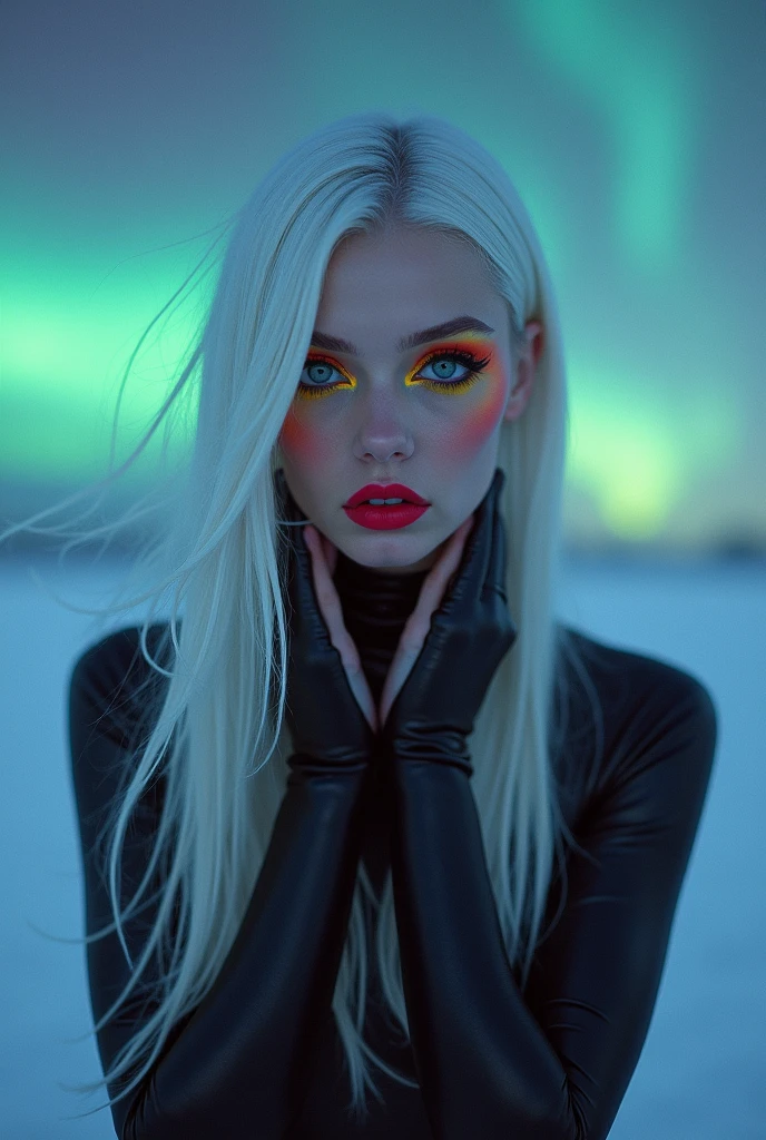 hyperrealistic image, phone camera, hd resolution, woman, exotic features, artistic makeup, conceptual pose, artistic expression, instagram photo style, woman, exotic, attractive eyes, intergalactic, natural lighting, night, aurora borealis, extraterrestrial, exotic makeup, shine makeup, shine skin, colored eyeshadow, exotic pose, half body angle, white hair, subtle colored highlights,alien vibe, full body image, subtle alien characteristics, little clothing, latex clothing, white clothing, second skin clothing, tight clothing, hands positioned like a model's, shiny body, alien, long hair,very straight hair, flying hairz strange woman, eyes apart, big eyes, very shiny skin, body skin shine, long straight hair, straight hair