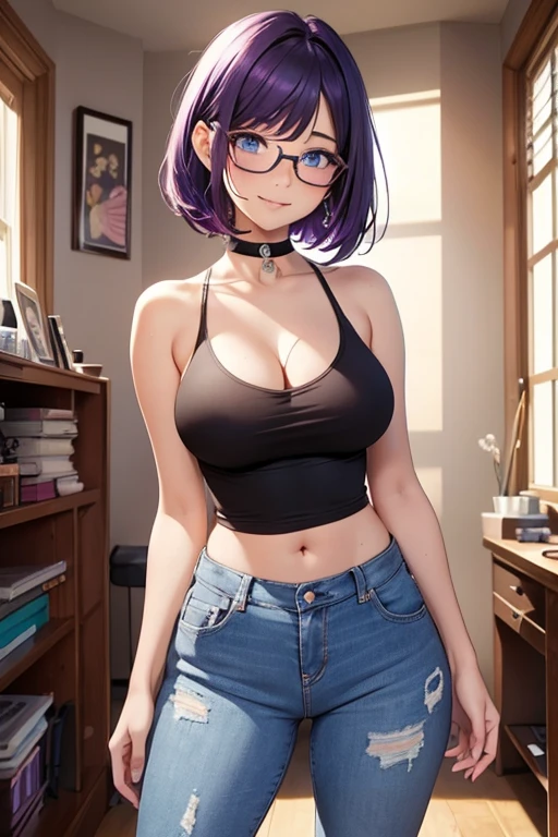 Beautiful young ager, 1girl, purple hair, blue eyes, extremely short hair, lots of freckles, framed eyeglasses, heart shaped choker, happy, smiling, blushing, thick lips, full lips, gigantic breasts, extreme cleavage, deep cleavage, very thin body, tank top, sleeveless, bare arms, midriff, tight jeans, skinny jeans, thigh, perfect anatomy, teengirl bedroom background, detailed background, sunny day, ultra-detailed, 4k, 8k, best quality, masterpiece