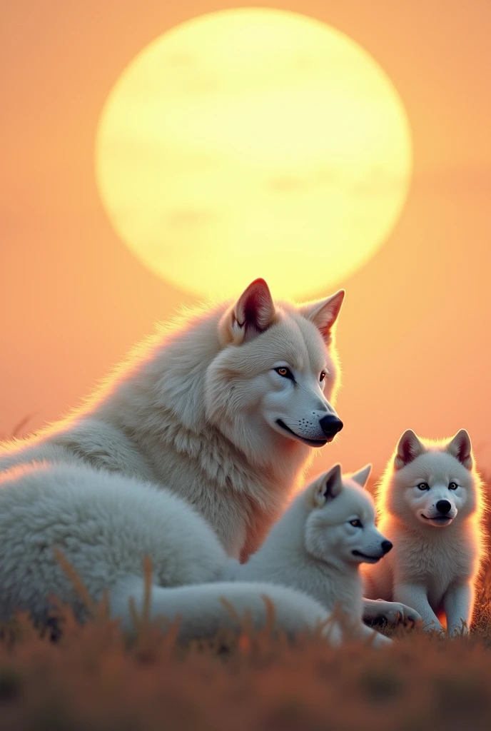 A couple of white wolves cuddling, with big sun in the background, with three white wolf pups playing