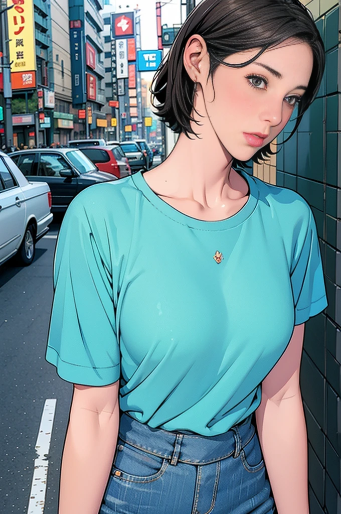 individual,short hair,Photorealism,detailed,masterpiece,ager,Beautiful girl,Denim shorts,Bustling streets of Tokyo,t-shirt,Confuse