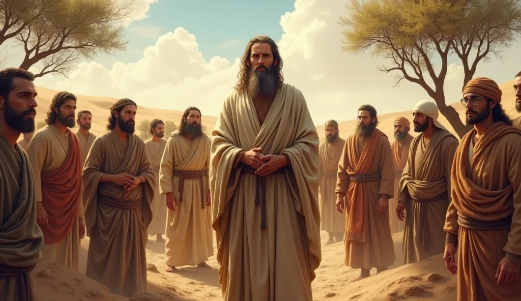 The scene shows the beginning of the lineage of the Israelites, showing Jacob (Israel) with his twelve sons. Details: Jacob may be shown surrounded by his sons under a tree or in a tent, with a background reflecting the ancient desert environment.