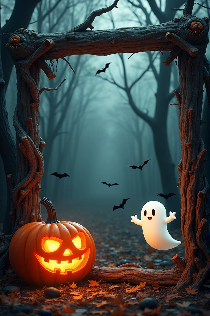 I want an owl and pumpkin themed frame. I want a square and very thick frame. In the middle, there is a Halloween pumpkin in the left corner and a Halloween ghost in the right corner. In the background, there are Halloween forests and bats..But the frame edges should not be made of tree trunks.