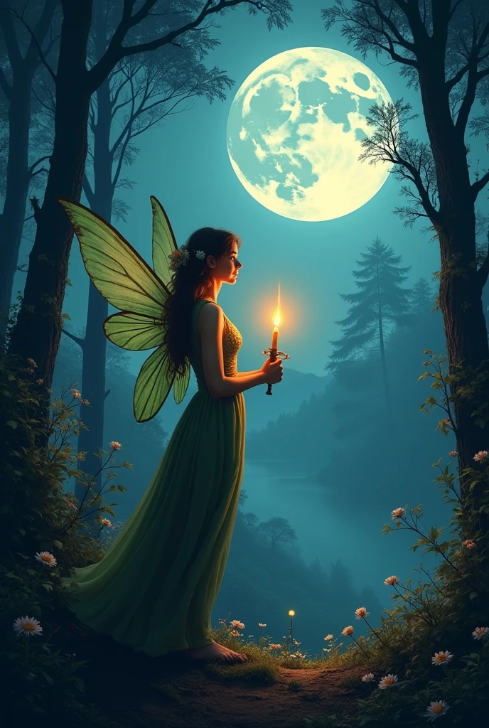 Beautiful landscape and full moon in the background、Forest fairy holding a candle