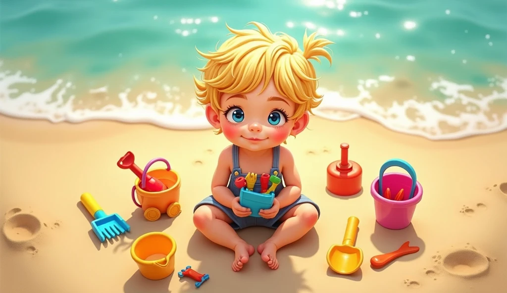 real picture，Soft Lighting，Overhead vision，A ，blonde，Sitting on the beach，There are many beach toys next to him，The child also holds a bunch of beach toys in his hands，
