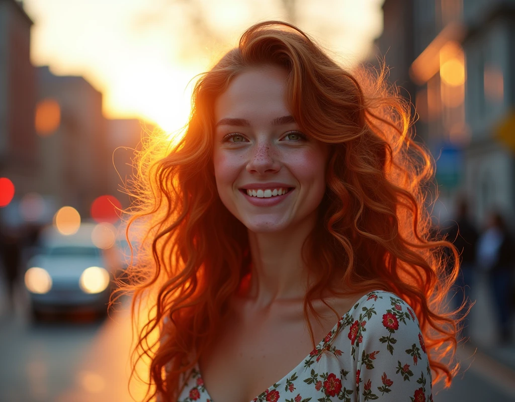 masterpiece portrait of a woman in Montreal at dawn, long hair, cute orange curly hair, smile, green eyes, freckles, floral print, dress, dawn, neon, rays of light, caustic, lens reflection, ((solo)), ishmael_limbus