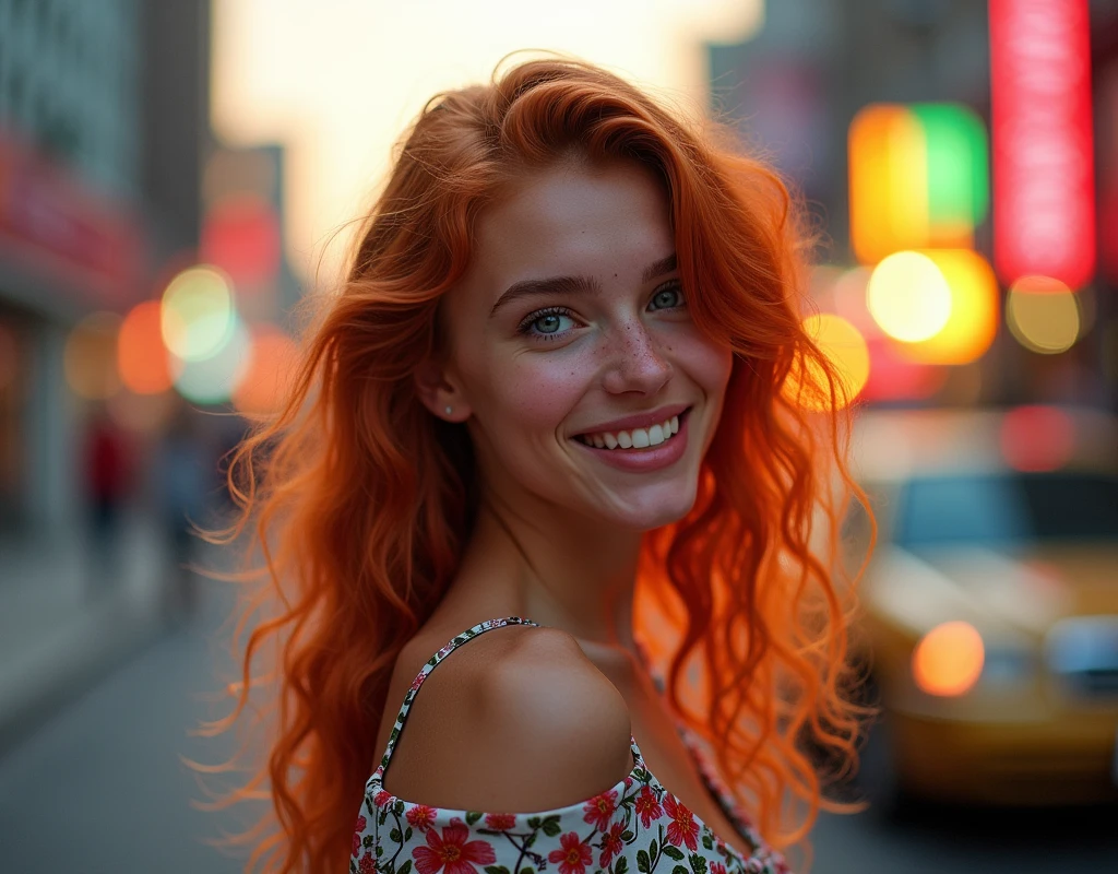 masterpiece portrait of a woman in Montreal at dawn, long hair, cute orange curly hair, smile, green eyes, freckles, floral print, dress, dawn, neon, rays of light, caustic, lens reflection, ((solo)), ishmael_limbus