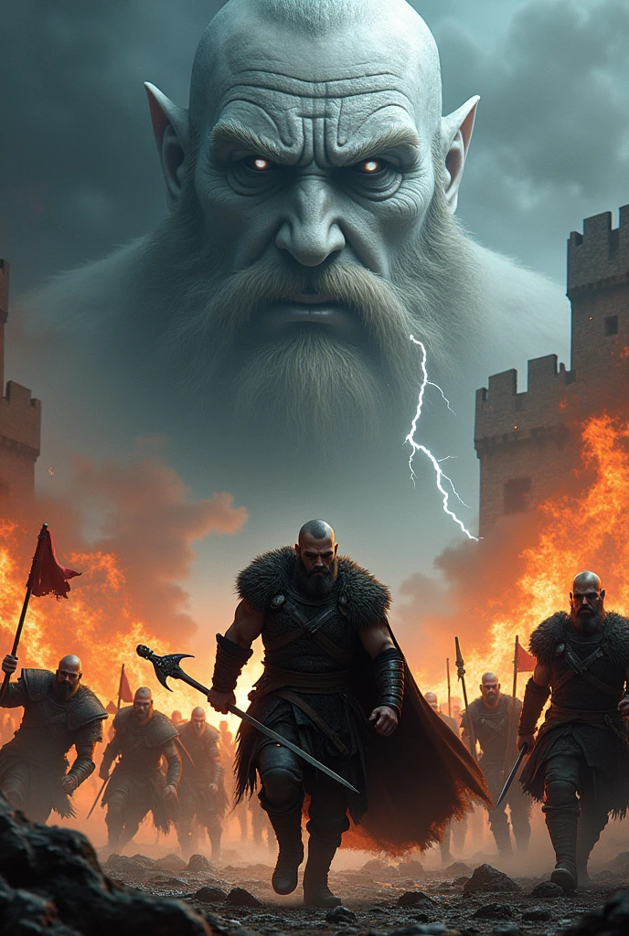 burning castle, natta, viking warriors fighting fiercely, lightning, face of a God gray hair and beard with scar the eye appearing in the clouds