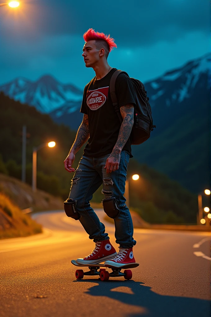 a fat young handsome Punk skateboarding with red mohawk and upturned jacket covered in tattoos on his arms,he is bodys is fat with a cool pose, confidently riding a skateboard down a winding mountain road ferry fasted and showing a free style, framed by the night golden light of the street. He is wearing a black t-shirt with a vintage VAN logo on his chest and a bag on his back, and denims jeans and use red converse shoes. The man look at the camera, his hands protected by black gloves, adding a personal touch to the thrilling scene. He also wears knee and elbow pads, ensuring safety as he navigates the turns with ease. The background is midnight lanscape features rolling green hills and snow-capped mountains in the distance, creating a stunning contrast to the rider’s dynamic movements, amplifying the excitement. In the distance. The image exudes the thrill of downhill skateboarding, the beauty of the natural scenery, and the fearless energy of the rider, with an Instagram-worthy night atmosphere.