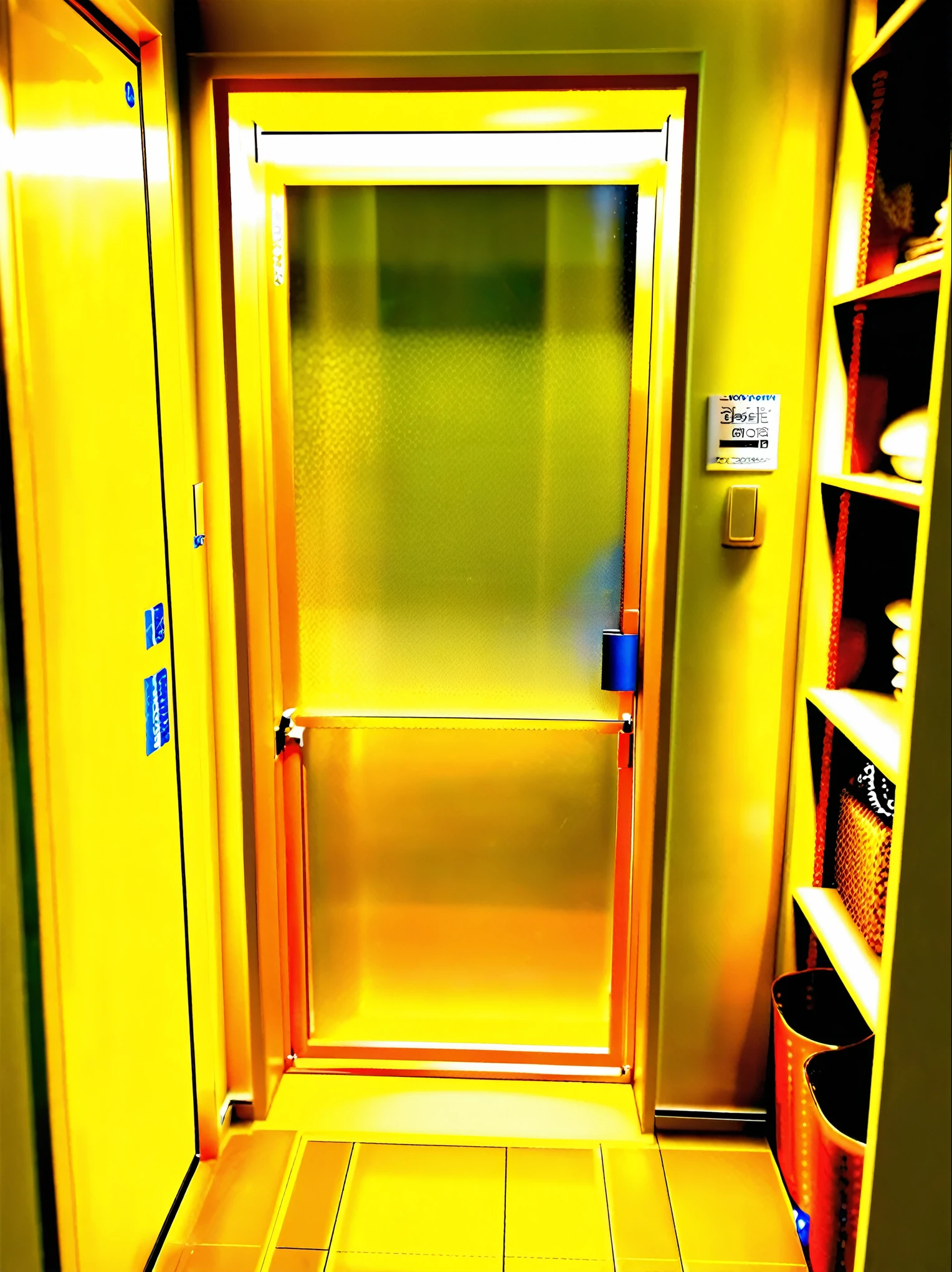 There is a door with a shelf in a small room.。, A small room in Tokyo, balcony door, In a Japanese apartment, Transparent glass, Nesting Glass Door, Frosted glass, tall entry, Full Window, Tall door,8k!!, 3 doors, Photos taken in 2020