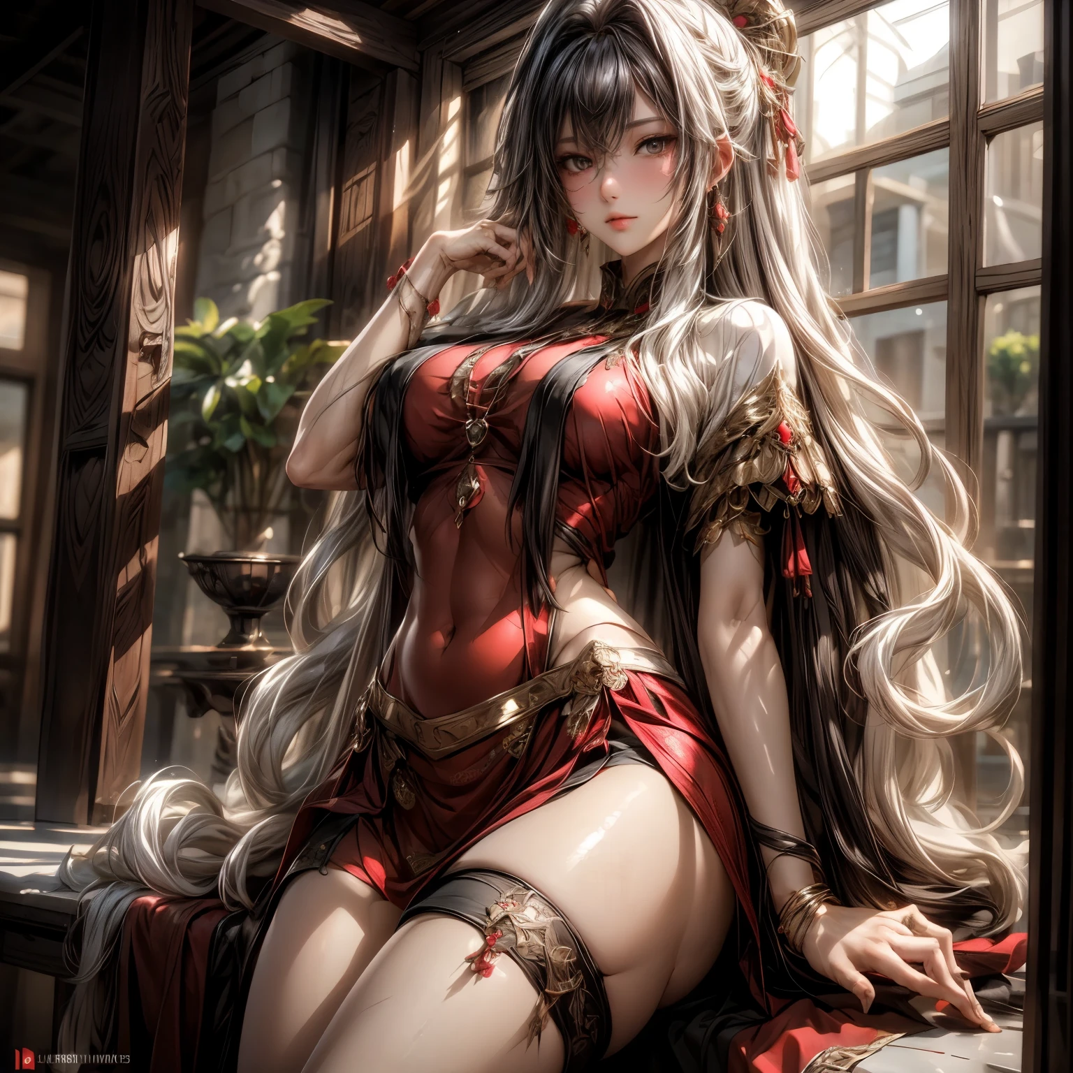 (best quality)), ((Masterpiece)), (details:1.4), 3d, HDR (high dynamic range), an image of a beautiful cyberpunk female, fantasy, medieval, black hair, Curtain Bangs, full body, Beautiful White eyes, จมูกโด่ง, ปากแดง, หน้าอกใหญ่, nvidia RTX, PBR surface, After processing, Anisotropic filtration,depth of field, Maximum clarity and clarity, multi-layered surface, Subsurface scattering, perfect proportions, 8K raw files, ultra detailed, Perfect proportions, volumetric lighting, soft lighting, Holy Paldin, Heavy Golden Armor, Red dress, intricate Silver embroidery, glossy skin, Bed room Background, jewely, ต่างหู, นิ้วมือสมบูรณ์, perfect fingers, mini Red skirt,