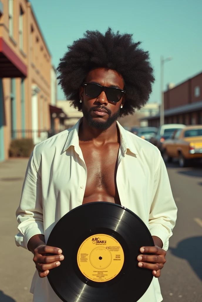 Un homme afro en lunette de soleil chemise blanche semi ouverte tenant dans ses mains un album 33t fr funk  sur un parking de Détroit en arrière plan 