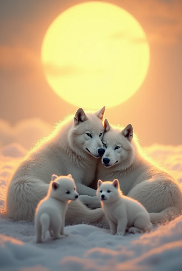 A couple of white wolves cuddling, with big sun in the background, with three white wolf pups playing