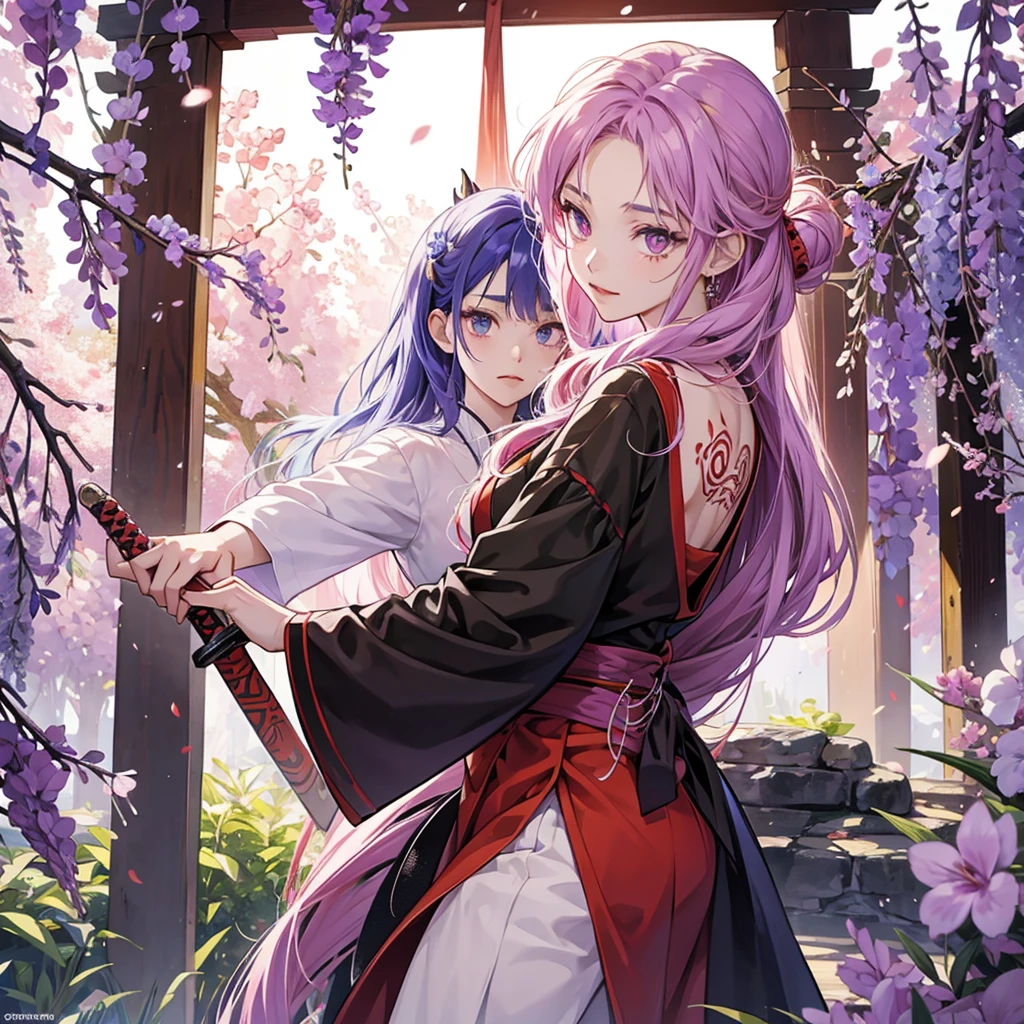 beautiful anime demon, tattoo, demon slayer, sword, torii gate, wisteria