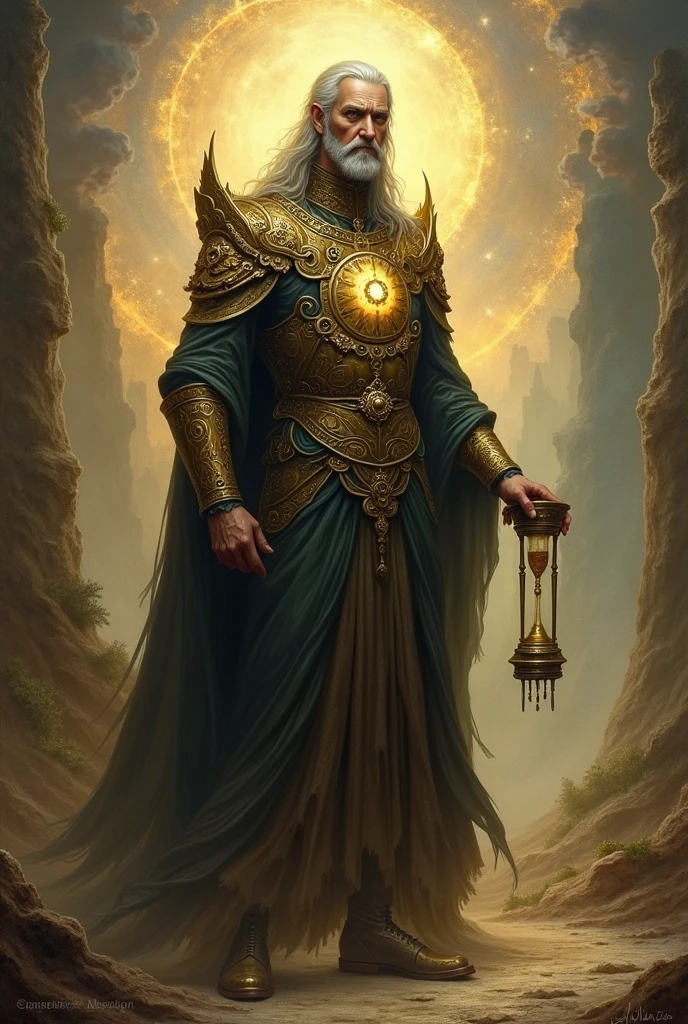A mysterious full-body portrait of "Chronoward," a guardian who controls the flow of time. He is dressed in flowing robes decorated with clockwork patterns, his eyes glowing with an ethereal light. In his hand, he holds an ancient hourglass, and around him, the sands of time swirl in a golden glow. The background shows a landscape in flux, with elements of the past, present, and future all visible at once, creating a surreal, dreamlike atmosphere.