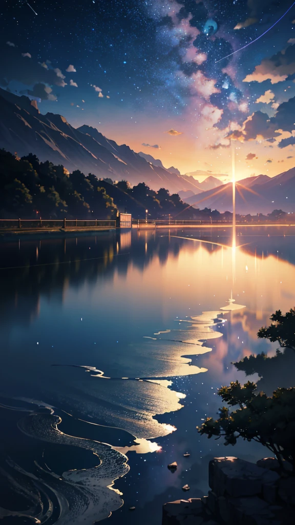 High quality masterpiece ,scenecy,Anime train passing through bodies of water on tracks, Brilliant night sky。Romantic train,pixiv,concept-art,Lofi art style,Reflectors。 by makoto shinkai, lofi art, beautiful anime scenes, Anime landscapes, Detailed scenery —width 672, in style of makoto shinkai, style of makoto shinkai,Detail enhancement。