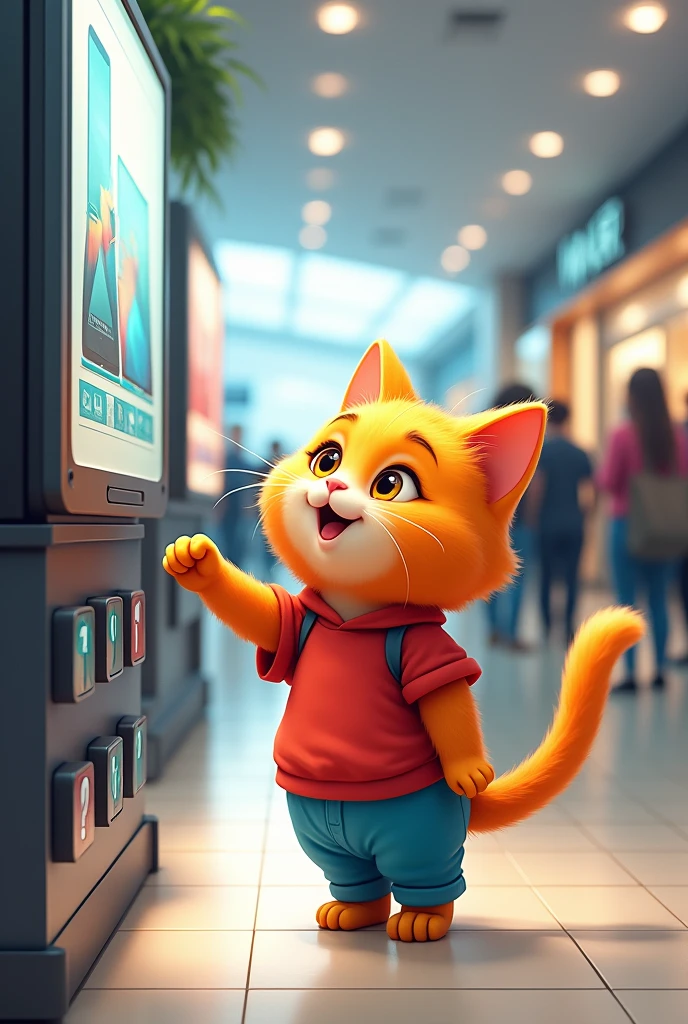 A small orange cat wearing a red shirt and blue pants points at a cell phone rack in a shopping mall.