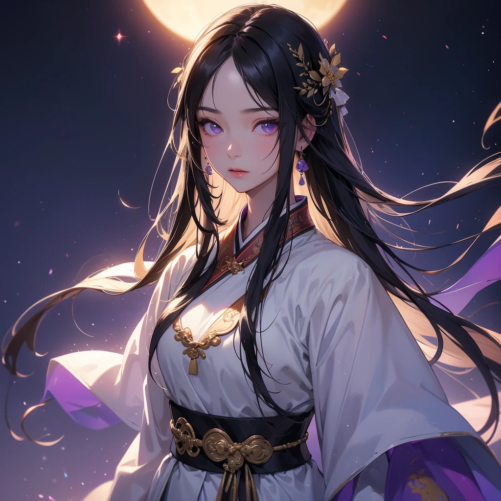 A beautiful girl with black long hair, wear white ancient chinese clothes, with the sun shining on her face.

Background is a dark moonless night, with dry trees in the background, and purple glowing light