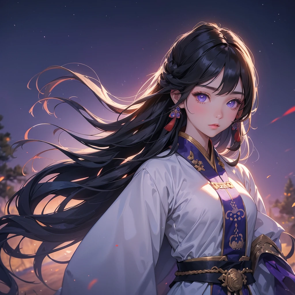 A beautiful girl with black long hair, wear white ancient chinese clothes, with the sun shining on her face.
Background is a dark moonless night, with dry trees in the background, and purple glowing light