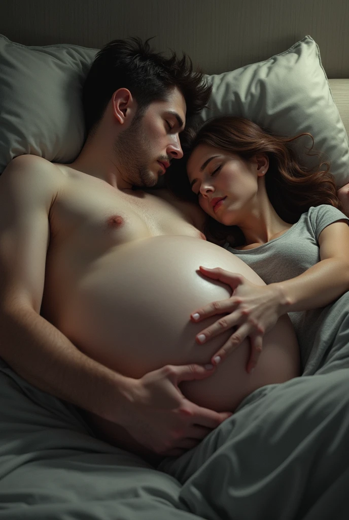 A young man with an enormous belly is laying with his back on the bed. His belly is enormous. A women is laying on the man’s very big belly and caress his belly. The both looks sad.